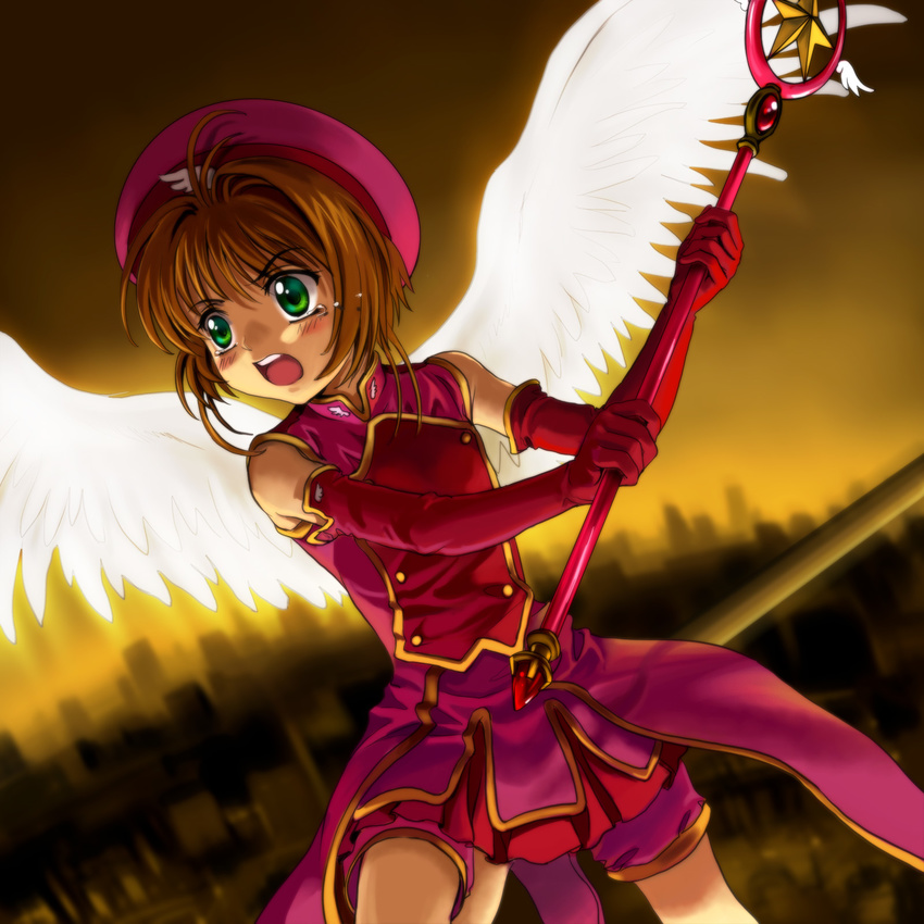 angel_wings antenna_hair brown_hair cardcaptor_sakura elbow_gloves eyebrows_visible_through_hair feathered_wings flying gloves green_eyes hat highres holding holding_staff hoshi_no_tsue kinomoto_sakura magical_girl mutsuki_(moonknives) one_eye_closed open_mouth outdoors pink_footwear pink_hat pink_shorts pleated_skirt red_gloves red_skirt round_teeth shoes short_hair shorts shorts_under_skirt skirt sleeveless solo staff tears teeth white_wings wings