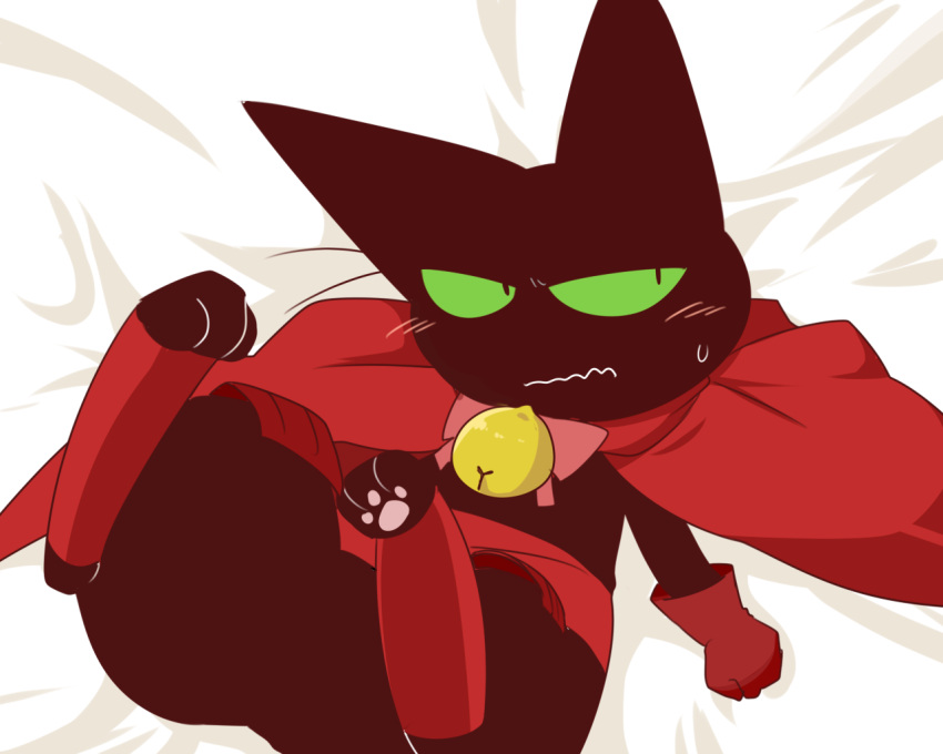 aka_muffler_yamato animal animal_ears bed bell black_cat cape cartoon_network cat cat_ears closed_mouth furry gloves green_eyes mao_mao:_heroes_of_pure_heart mao_mao_(mao_mao:_heroes_of_pure_heart) red_cape red_gloves shame yaoi