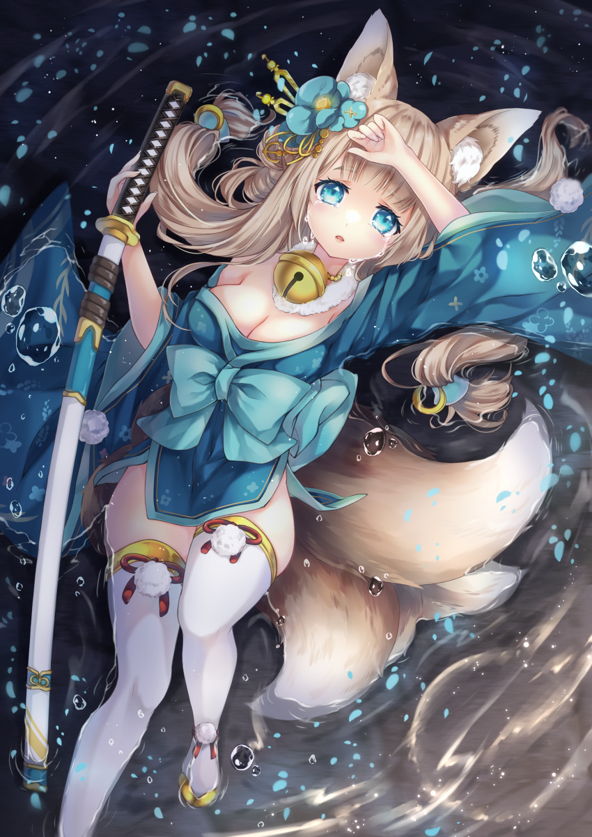 1girl absurdres afloat air_bubble animal_ears azur_lane bell blonde_hair blue_kimono breasts bubble cleavage fox_ears fox_tail hair_ornament hayaman396 highres japanese_clothes jingle_bell katana kimono kitsune looking_at_viewer looking_up medium_breasts multiple_tails niizuki_(azur_lane) obi sash solo sword tail tears thick_eyebrows thighhighs underwater water weapon white_thighhighs