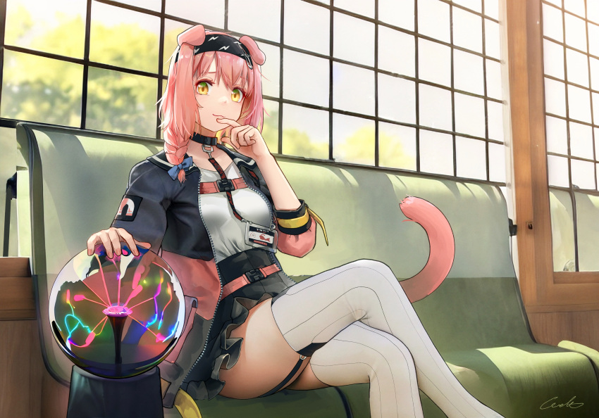 1girl absurdres animal_ears arknights black_hairband black_jacket black_skirt blue_bow bow braid breasts cat_ears cat_girl cat_tail crossed_legs feet_up floppy_ears garter_straps goldenglow_(arknights) hair_bow hair_ornament hairband hairclip hand_on_own_chin highres id_card indoors jacket lightning_bolt_print long_hair looking_at_viewer multicolored_clothes multicolored_jacket open_clothes open_jacket pink_hair pink_jacket plasma_globe print_hairband signature sitting skirt small_breasts solo tail thighhighs thighs two-tone_jacket welt_(kinsei_koutenkyoku) white_thighhighs window yellow_eyes