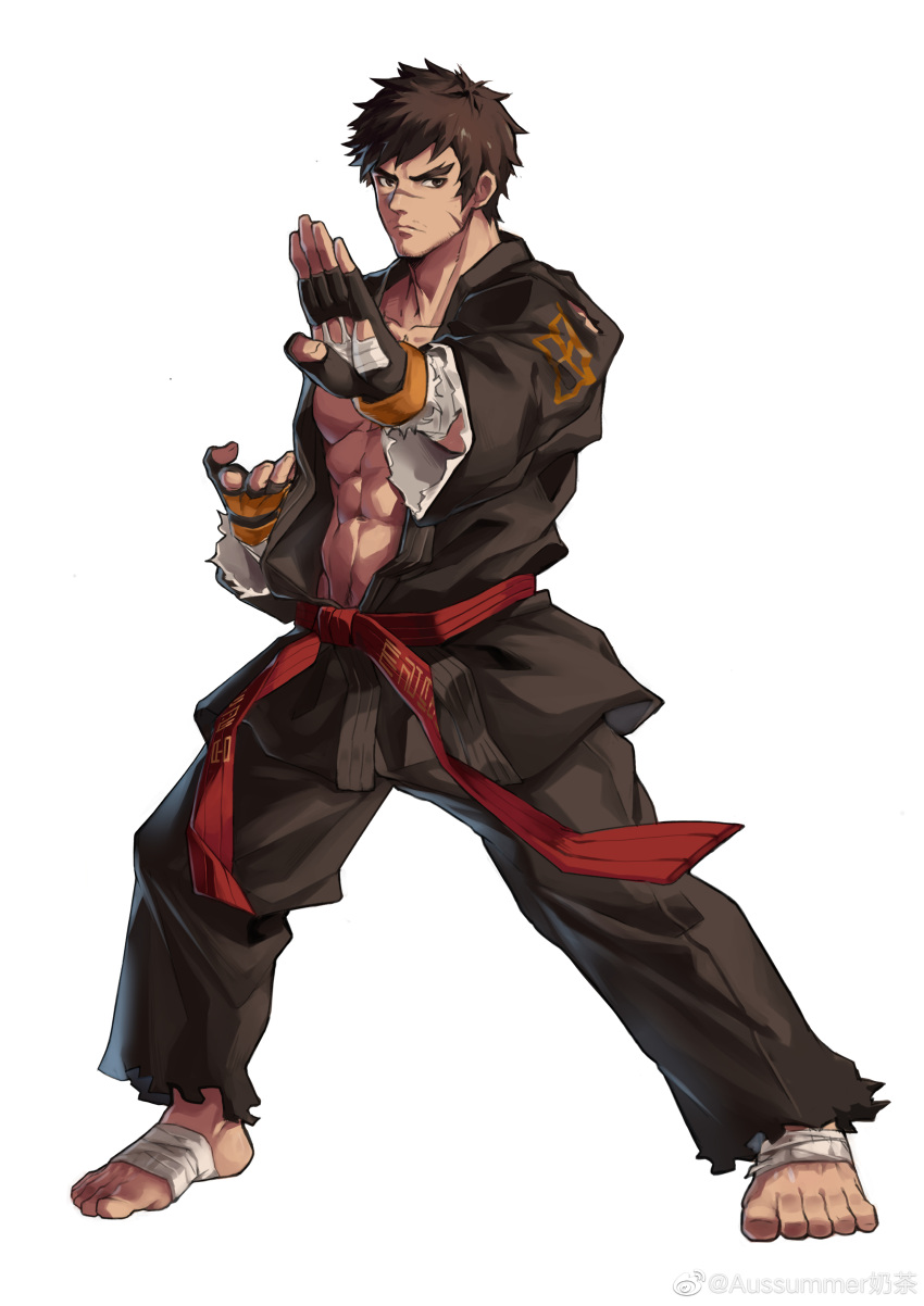 1boy abs absurdres aussummer bandages bara belt black_pants dnf_duel dougi dungeon_and_fighter facial_hair fighter_(dungeon_and_fighter) fighting_stance forked_eyebrows gloves grappler_(dungeon_and_fighter) highres japanese_clothes karate_gi looking_at_viewer male_focus martial_arts_belt mature_male muscular muscular_male navel navel_hair pants pectorals red_belt scar scar_on_cheek scar_on_face solo stubble thick_eyebrows