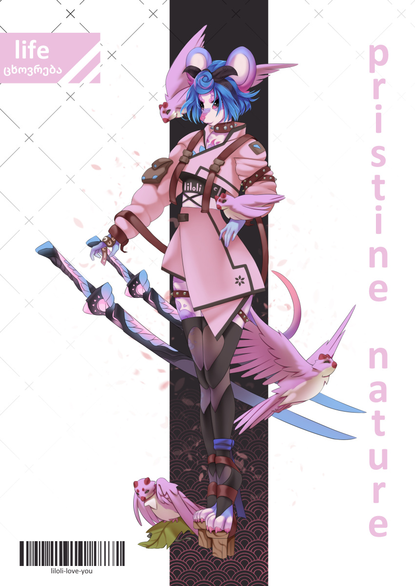 absurd_res anthro asian_clothing avian bird blue_hair boots cherry clothing collar cover east_asian_clothing female food footwear fruit future hair hi_res hoodie horn jacket japanese_clothing katana legwear liloli_(artist) magazine magic mammal melee_weapon mouse murid murine nature pink_eyes plant ribbons rodent sakura samurai shoes solo spiked_collar spikes stockings sword tape tight_clothing topwear warrior weapon