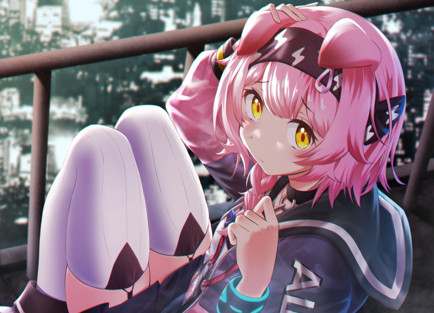 1girl absurdres animal_ears arknights bangs black_collar braid collar commentary dog_ears ears_down frown goldenglow_(arknights) hair_ornament hair_over_shoulder hairband hairclip hand_on_another's_head highres kakutasu_(akihiron_cactus) long_hair looking_at_viewer pink_hair railing side_braid single_braid sitting solo thighhighs white_thighhighs yellow_eyes