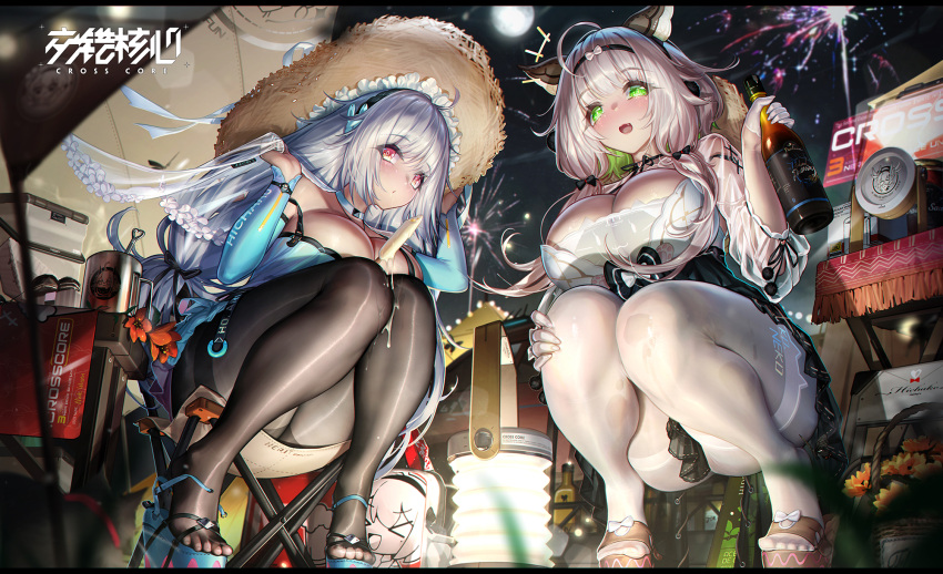 2girls :d ass bangs black_pantyhose blush bottle breasts cleavage crosscore dk.senie fireworks full_moon gloves green_eyes hat highres large_breasts long_hair looking_at_viewer moon multiple_girls pantyhose red_eyes skirt smile squatting straw_hat toeless_footwear white_gloves white_hair white_pantyhose