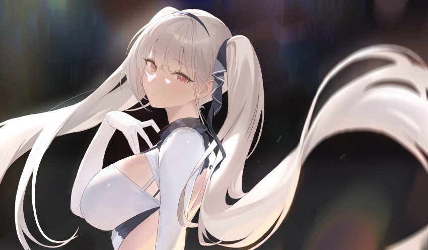 1girl absurdres azur_lane bangs blurry blurry_background breasts cleavage formidable_(azur_lane) from_side grey_hair hair_lift highres huge_breasts long_hair looking_at_viewer moon_(yfsp7823) ribbon twintails two-tone_ribbon very_long_hair