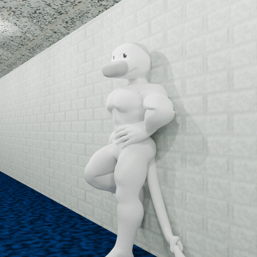 1:1 2021 3d_(artwork) albalbalb anthro arm_on_hip arts_and_crafters_(baldi's_basics) baldi's_basics_in_education_and_learning black_eyes blue_floor crossed_arms crossed_legs digital_media_(artwork) half-closed_eyes hallway looking_at_another male muscular muscular_male narrowed_eyes nude pecs smile smug sock_puppet solo standing tail_between_buttocks tail_tied white_wall