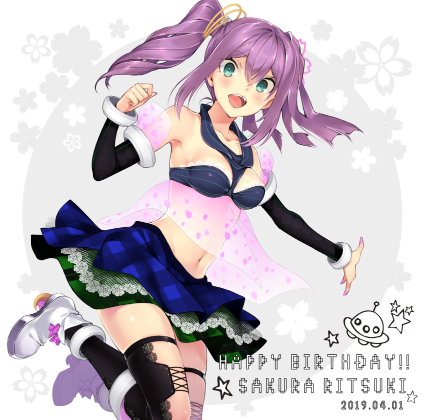 1girl :d armlet bangle black_sleeves black_thighhighs bow bra bracelet character_name cherry_blossoms collarbone dated detached_sleeves floral_background flying_saucer happy_birthday hario_4 highres jewelry lace-trimmed_bra lace-trimmed_skirt lace_trim navel nijisanji petal_print petals pink_bow plaid plaid_skirt purple_hair sakura_ritsuki side_ponytail skirt smile solo spacecraft teeth thighhighs underwear upper_teeth white_footwear