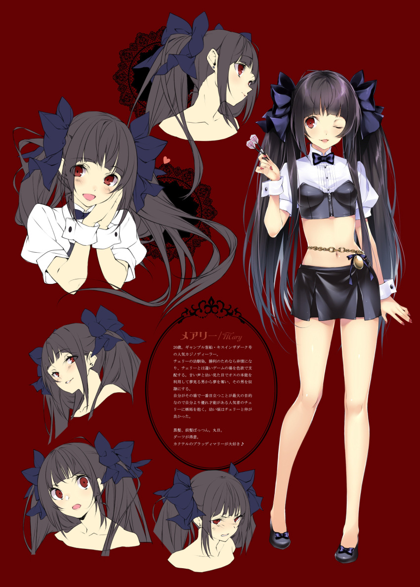 1girl :d absurdres anger_vein black_hair blue_bow bow chain collarbone crop_top hair_bow hand_on_own_cheek hand_on_own_face hario_4 highres holding_dart lace mary_(hario_4) multiple_views navel no_socks one_eye_closed original own_hands_together pleated_skirt red_background red_eyes reference_sheet shoes skirt smile twintails wavy_mouth wrist_cuffs