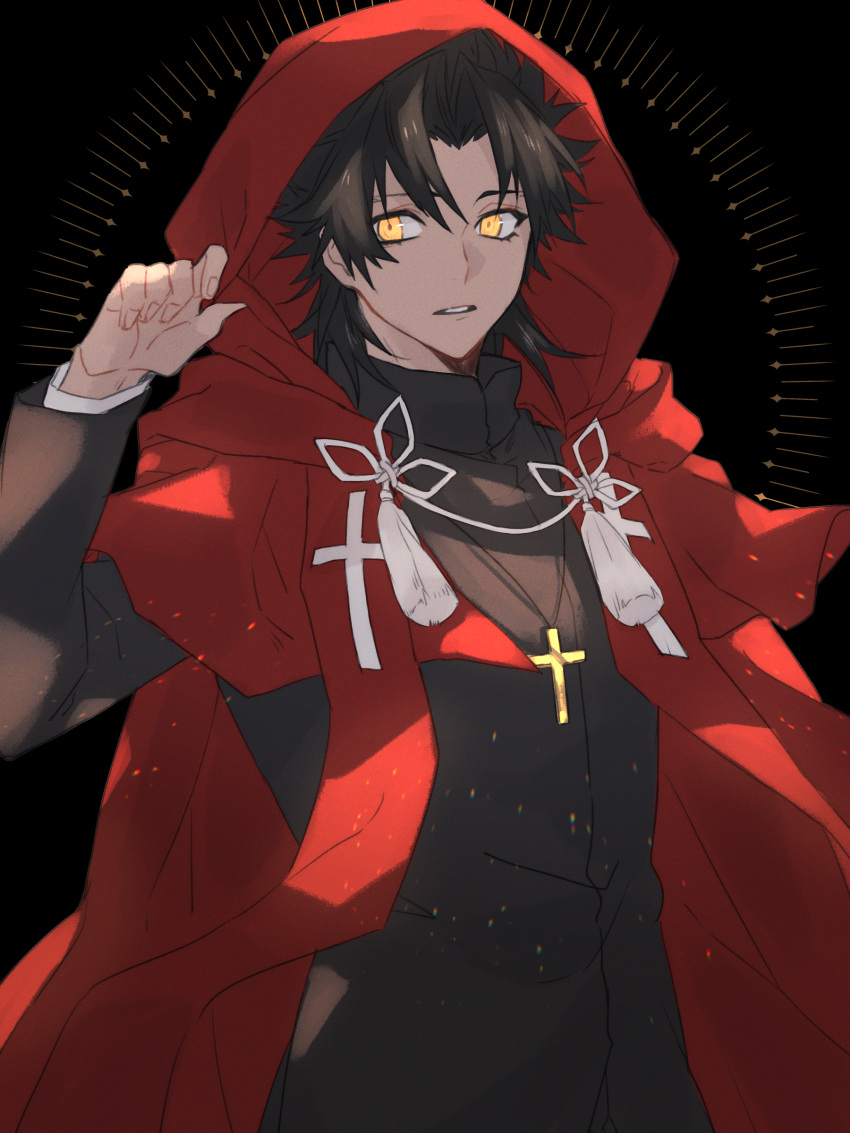 1boy absurdres alternate_skin_color amakusa_shirou_(fate) bangs black_hair brown_eyes cape cross cross_necklace cross_print earrings fate/apocrypha fate/grand_order fate_(series) highres hood hooded_cape jewelry light_particles long_sleeves male_focus necklace official_alternate_hair_color parted_bangs priest red_cape red_hood short_hair solo spiked_hair stole tassel tofu_(bean359) upper_body yellow_eyes