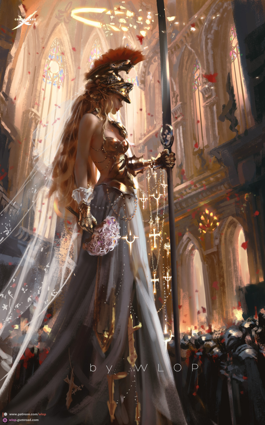 1girl artist_name asymmetrical_armor blonde_hair bouquet breasts broken_halo closed_eyes crowd dress from_side gauntlets ghostblade halo helmet highres holding holding_bouquet holding_polearm holding_weapon indoors long_hair plume polearm ponytail red_lips sarlia_(ghostblade) single_bare_shoulder small_breasts solo_focus veil weapon web_address wlop