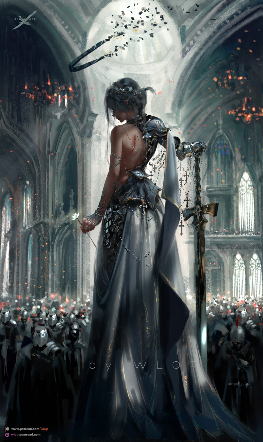 1girl artist_name asymmetrical_armor broken_halo crowd dress from_behind gauntlets ghostblade grey_hair halo highres holding holding_sword holding_weapon indoors princess_yan scar short_hair single_gauntlet solo_focus standing sword tiara weapon web_address wlop