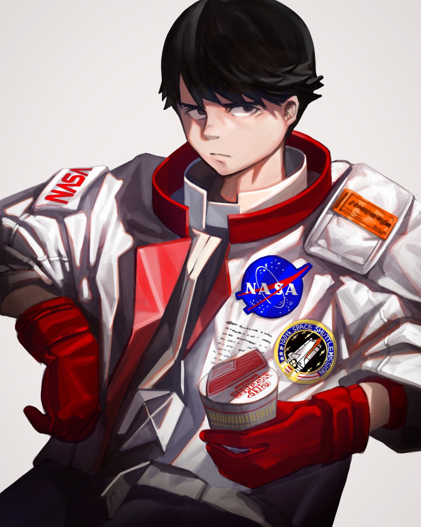 1boy black_hair copyright_request cup_noodle freedom_(ova) gloves grey_background highres holding looking_at_viewer nasa red_gloves ryoga shadow short_hair simple_background solo takeru_(freedom)