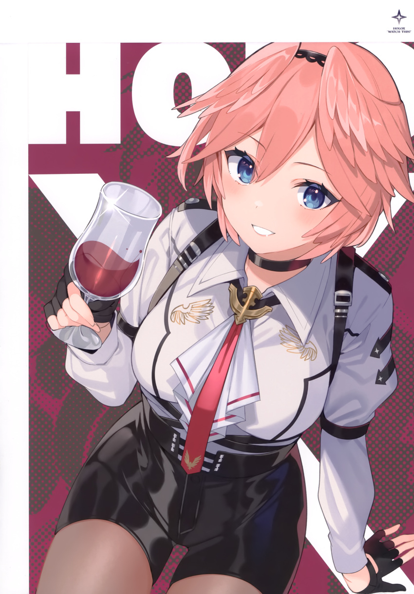 1girl absurdres alcohol bangs black_choker black_gloves black_shorts blush breasts choker collared_shirt cup drinking_glass gloves grin hair_between_eyes head_wings high-waist_shorts highres holding holding_cup hololive long_sleeves looking_at_viewer mishima_kurone necktie pantyhose partially_fingerless_gloves pink_hair red_necktie scan shirt short_hair shorts sitting smile solo takane_lui virtual_youtuber white_shirt wine