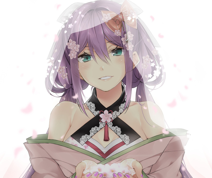 1girl aqua_eyes bare_shoulders bow breasts cherry_blossoms cleavage flower hair_bow hario_4 highres holding holding_flower japanese_clothes kimono low_twintails nail_polish nijisanji off_shoulder parted_lips petals purple_hair purple_nails sakura_ritsuki smile solo twintails veil white_background white_bow