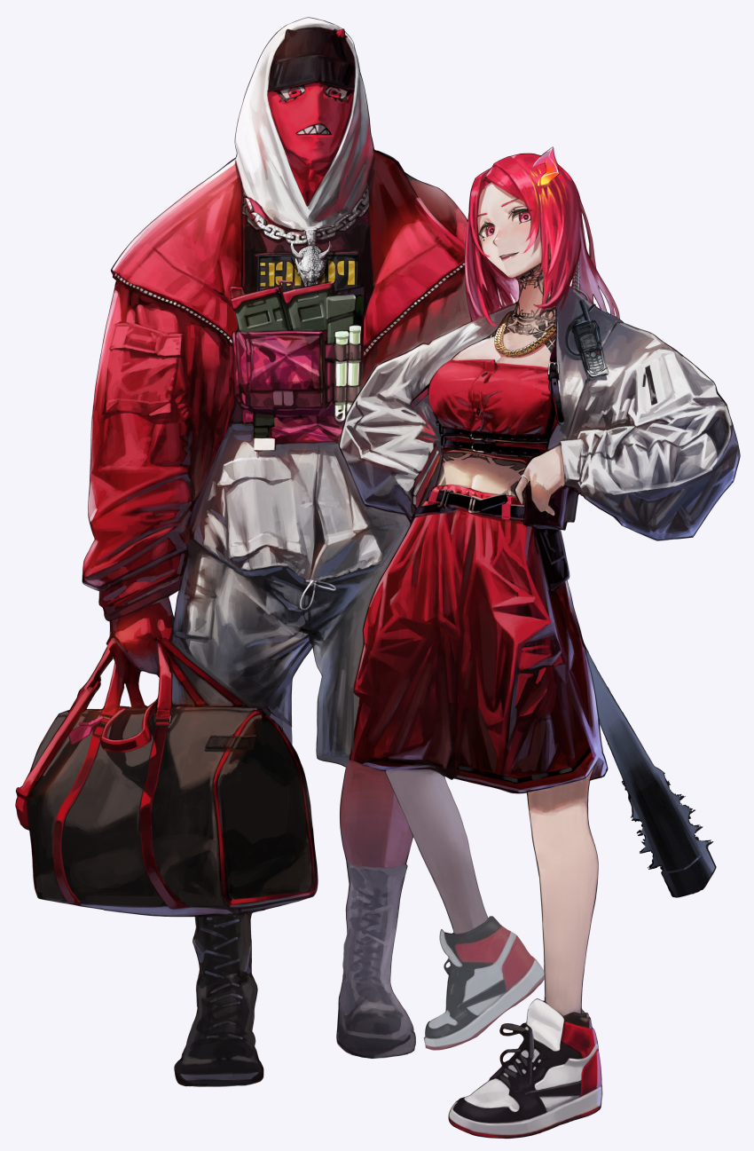 1boy 1girl absurdres bag beanie belt black_headwear chain coat colored_skin gloves grey_pants hat highres holding holding_bag hood hood_up jewelry long_hair midriff necklace original pants parted_lips pink_eyes red_coat red_gloves red_hair red_skin red_skirt ryoga shoes simple_background skirt smile sneakers spiked_bat white_background