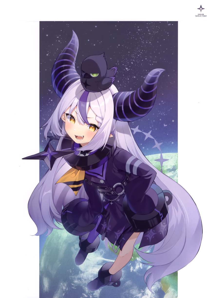 1girl absurdres ahoge animal_on_head bangs bird bird_on_head blush braid crow_(la+_darknesss) demon_girl demon_horns earth_(planet) full_body grey_hair hair_between_eyes highres hololive horns la+_darknesss long_hair long_sleeves looking_at_viewer mishima_kurone multicolored_hair on_head planet pointy_ears purple_hair scan sleeves_past_fingers sleeves_past_wrists smile solo streaked_hair striped_horns very_long_hair virtual_youtuber yellow_eyes