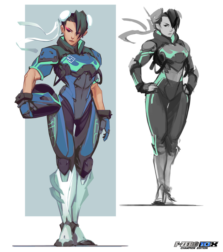 1girl absurdres alternate_costume black_hair bodysuit chun-li concept_art f-zero gloves helmet highres holding holding_helmet multiple_views science_fiction street_fighter tstockwell