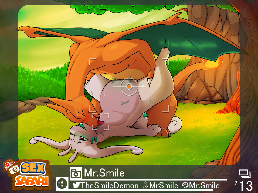 4:3 absurd_res antennae_(anatomy) charizard duo english_text eyes_closed female feral fire from_front_position front_view generation_1_pokemon generation_6_pokemon goodra grass green_eyes hi_res interspecies legs_up licking logo lying male male/female mr.smile nature nintendo on_back on_grass one_eye_closed orange_body outside outside_sex penetration photo picture_frame pink_body plant pokemon pokemon_(species) reverse_wheelbarrow_position sex spread_legs spreading standing text tongue tongue_out tree vaginal vaginal_penetration video_games wings