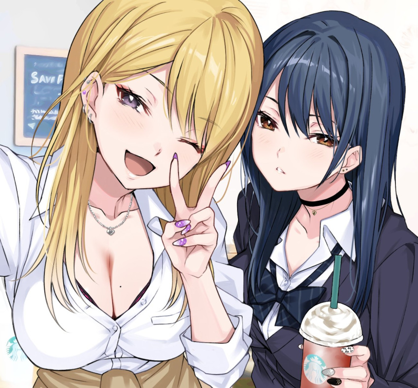 2girls black_choker blonde_hair blue_hair breasts brown_eyes cardigan choker clothes_around_waist collared_shirt cup disposable_cup dress_shirt drinking_straw earrings fake_nails gyaru hario_4 highres jewelry large_breasts multiple_girls necklace original partially_unbuttoned purple_nails school_uniform selfie shirt starbucks sweater sweater_around_waist white_shirt