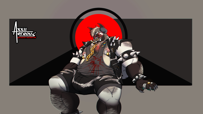 absurd_res aereous aerrow anthro arm_hair bear_pride_colors beard belly big_belly big_bulge black_clothing black_jacket black_nose black_topwear body_hair bottomwear bovid bovid_horn bovine bovine_horn bracelet bulge canid canine chain clothed clothing collar digital_drawing_(artwork) digital_media_(artwork) digital_painting_(artwork) facial_hair facial_piercing fangs fur gold_(metal) gold_chain gold_jewelry gold_ring grey_hair hair hi_res horn hotpants hybrid jacket jewelry leather leather_bottomwear leather_clothing leather_jacket leather_pants leather_topwear leg_hair leg_muscles male mammal multicolored_body multicolored_fur musclegut muscular muscular_anthro muscular_arms muscular_male mustache nipple_outline nipple_piercing nipples nose_piercing open_clothing open_jacket open_topwear pants piercing pride_color_accessory punk ring shorts simple_background sleeveless_shirt solo spiked_bracelet spiked_collar spiked_jacket spikes topwear two_tone_body two_tone_fur