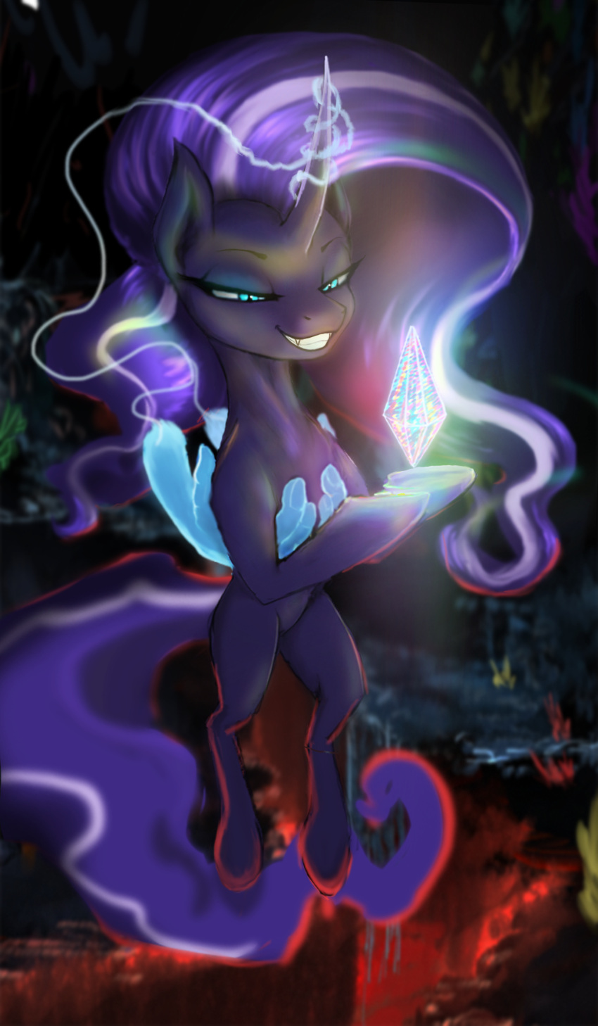 2020 blue_eyes carrying diamond_(disambiguation) digital_media_(artwork) equid equine eyebrows eyeshadow fangs female feral friendship_is_magic glowing grin hair hasbro hi_res horn idw_publishing levitation looking_down magic magic_hands makeup mammal my_little_pony my_little_pony_(idw) nightmare_rarity_(idw) purple_body purple_hair purple_tail smile telekinesis unicorn unicorn_horn vladimir-olegovych