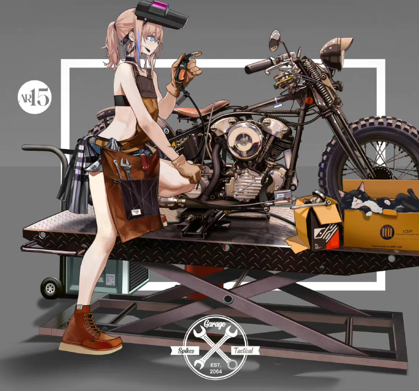 1girl adjustable_wrench apron bare_shoulders blue_eyes box brown_gloves cardboard_box cat character_name chinese_commentary commentary_request dirty dirty_face flat_chest full_body girls'_frontline gloves grey_background ground_vehicle leather leather_gloves lin+ mask mask_on_head mechanic motor_vehicle motorcycle official_alternate_costume official_art pink_hair ponytail screwdriver shoes shorts solo st_ar-15_(girls'_frontline) tool_belt tools welding_mask welding_torch wrench