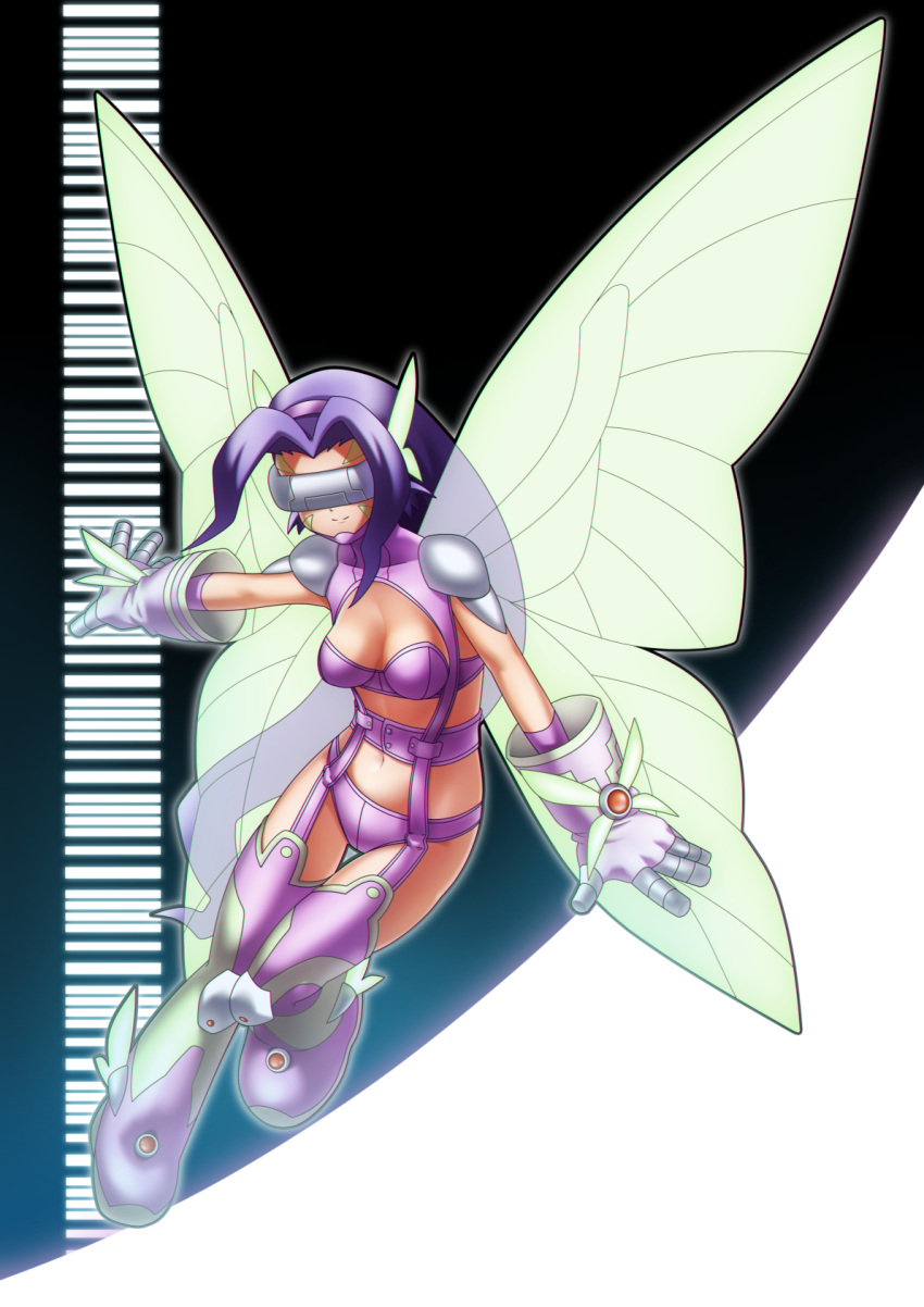 1girl bangs bikini boots breasts butterfly_hair_ornament butterfly_wings chiyoko_(chokochokotto) cleavage closed_mouth commentary_request covered_eyes digimon digimon_(creature) elbow_gloves facial_mark fairymon full_body garter_straps gloves hair_intakes hair_ornament hairband highres long_hair medium_breasts midriff navel outline parted_bangs purple_belt purple_bikini purple_footwear purple_gloves purple_hair purple_hairband shoulder_pads skindentation smile solo swimsuit thigh_boots thigh_gap visor wings