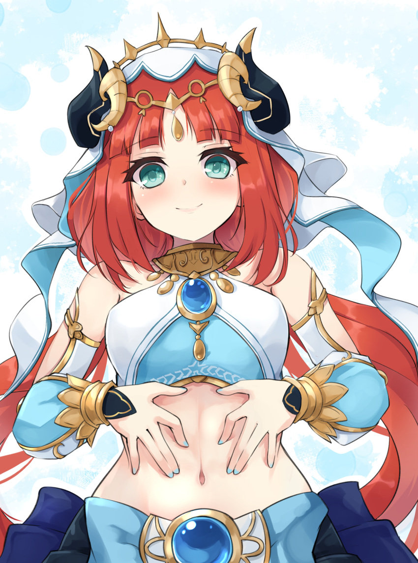 1girl aqua_eyes bangs bare_shoulders blush breasts circlet closed_mouth crop_top detached_sleeves forehead_jewel genshin_impact gold_trim hands_on_own_stomach highres horns jewelry kuro_(be_ok) long_sleeves looking_at_viewer navel neck_ring nilou_(genshin_impact) parted_bangs puffy_long_sleeves puffy_sleeves red_hair small_breasts smile solo stomach vambraces veil vision_(genshin_impact) white_headwear