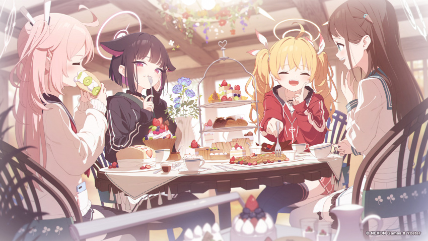 4girls ahoge airi_(blue_archive) animal_ears bangs black_choker black_hair black_sailor_collar black_thighhighs blonde_hair blue_archive blue_sailor_collar blush brown_hair cake cake_slice cardigan chair choker collarbone colored_inner_hair cream creamer_(vessel) cup dessert flower food food-themed_hair_ornament fork frilled_skirt frills fruit green_eyes hair_ornament hair_ribbon hairclip halo hennnachoco highres holding hood hooded_jacket ice_cream_hair_ornament indoors jacket kazusa_(blue_archive) long_hair long_sleeves miniskirt multicolored_hair multiple_girls natsu_(blue_archive) neckerchief open_mouth pantyhose parfait pastry pink_eyes pink_hair pink_neckerchief pleated_skirt red_jacket red_neckerchief ribbon sailor_collar sandwich saucer school_uniform serafuku short_hair side_ponytail sitting skirt strawberry sweets table tablecloth teacup thighhighs tiered_tray track_jacket translucent twintails two-tone_hair white_cardigan white_serafuku white_skirt yoshimi_(blue_archive)