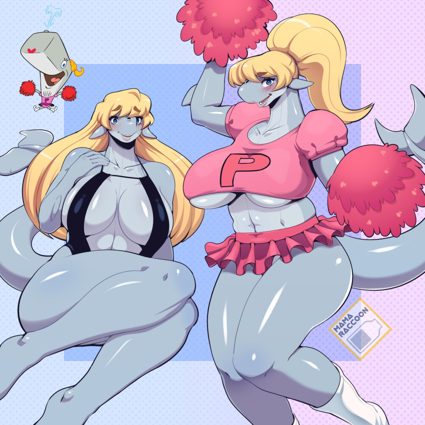 1:1 anthro big_breasts bikini blonde_hair blue_eyes blush bottomwear breasts butter_sugoi cetacean clothing female footwear grey_body hair hi_res huge_breasts long_hair looking_at_viewer mammal marine nickelodeon open_mouth pearl_krabs physeteroid pom_poms ponytail shirt skirt sling_bikini smile socks solo sperm_whale spongebob_squarepants swimwear thick_thighs toothed_whale topwear under_boob