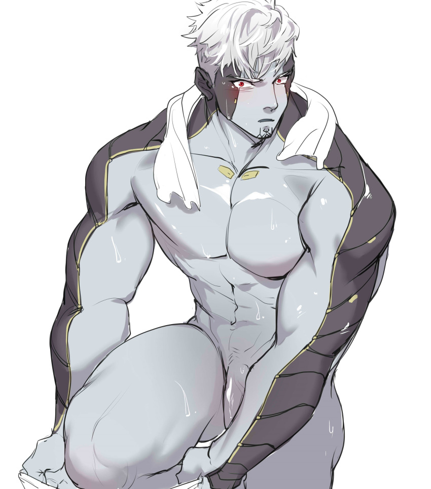 1boy absurdres bara blush colored_skin completely_nude flaccid grey_skin highres houhou1998117 lanz_(xenoblade) large_pectorals looking_at_viewer male_focus male_underwear male_underwear_pull muscular muscular_male nude pectorals penis short_hair simple_background solo towel towel_around_neck underwear undressing white_background white_hair white_male_underwear xenoblade_chronicles_(series) xenoblade_chronicles_3