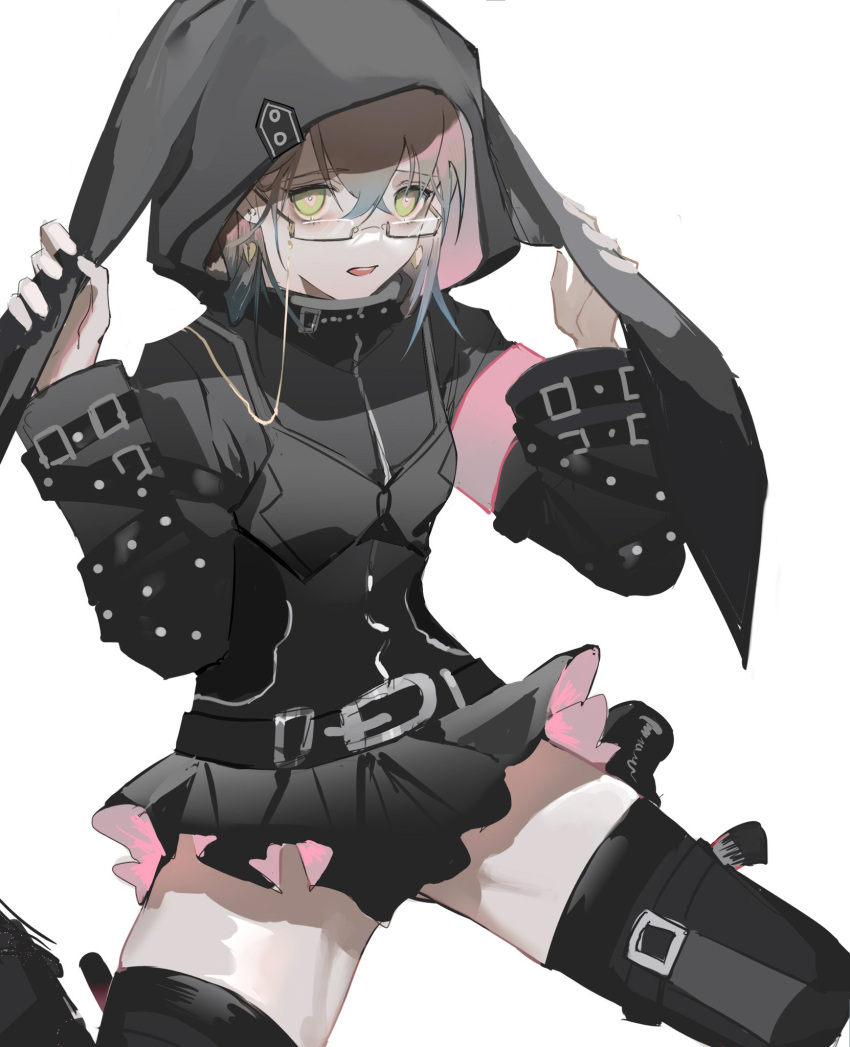 00zhuyin00 1boy animal_hood belt black_belt black_dress black_thighhighs blue_hair brown_hair chinese_commentary commentary_request cosplay crossdressing dress earrings effole_(fairy_fencer_f) effole_(fairy_fencer_f)_(cosplay) eyewear_strap fairy_fencer_f glasses green_eyes hand_up high_collar highres hood hood_up ike_eveland jewelry long_sleeves looking_at_viewer male_focus microskirt multicolored_eyes multicolored_hair nijisanji nijisanji_en open_mouth otoko_no_ko pink_eyes pleated_skirt rabbit_hood semi-rimless_eyewear simple_background sitting skirt solo thighhighs virtual_youtuber wariza white_background zettai_ryouiki