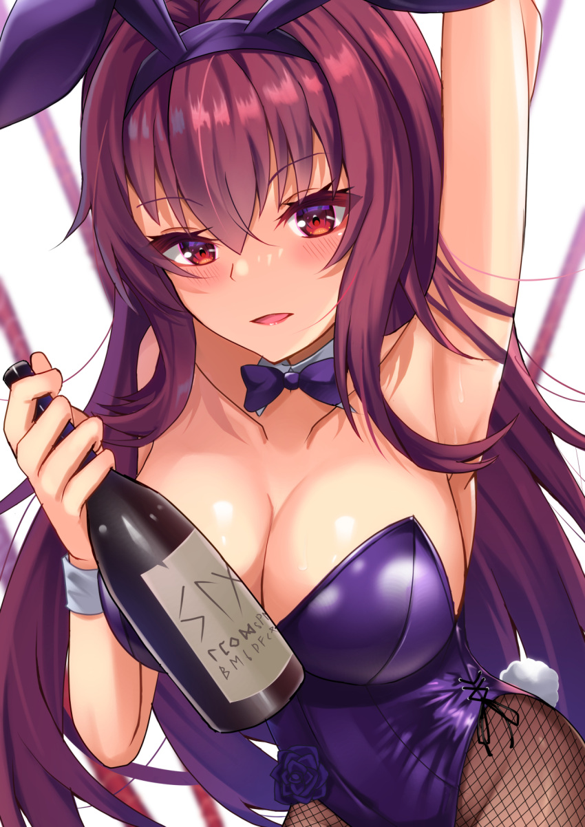 1girl animal_ears armpits bottle bow bowtie breasts cleavage detached_collar fake_animal_ears fate/grand_order fate_(series) gae_bolg_(fate) hairband highleg highleg_leotard highres large_breasts leotard official_alternate_costume parted_lips playboy_bunny purple_bow purple_bowtie purple_hairband purple_leotard rabbit_ears scathach_(fate) scathach_(piercing_bunny)_(fate) solo strapless strapless_leotard wine_bottle wrist_cuffs zacky