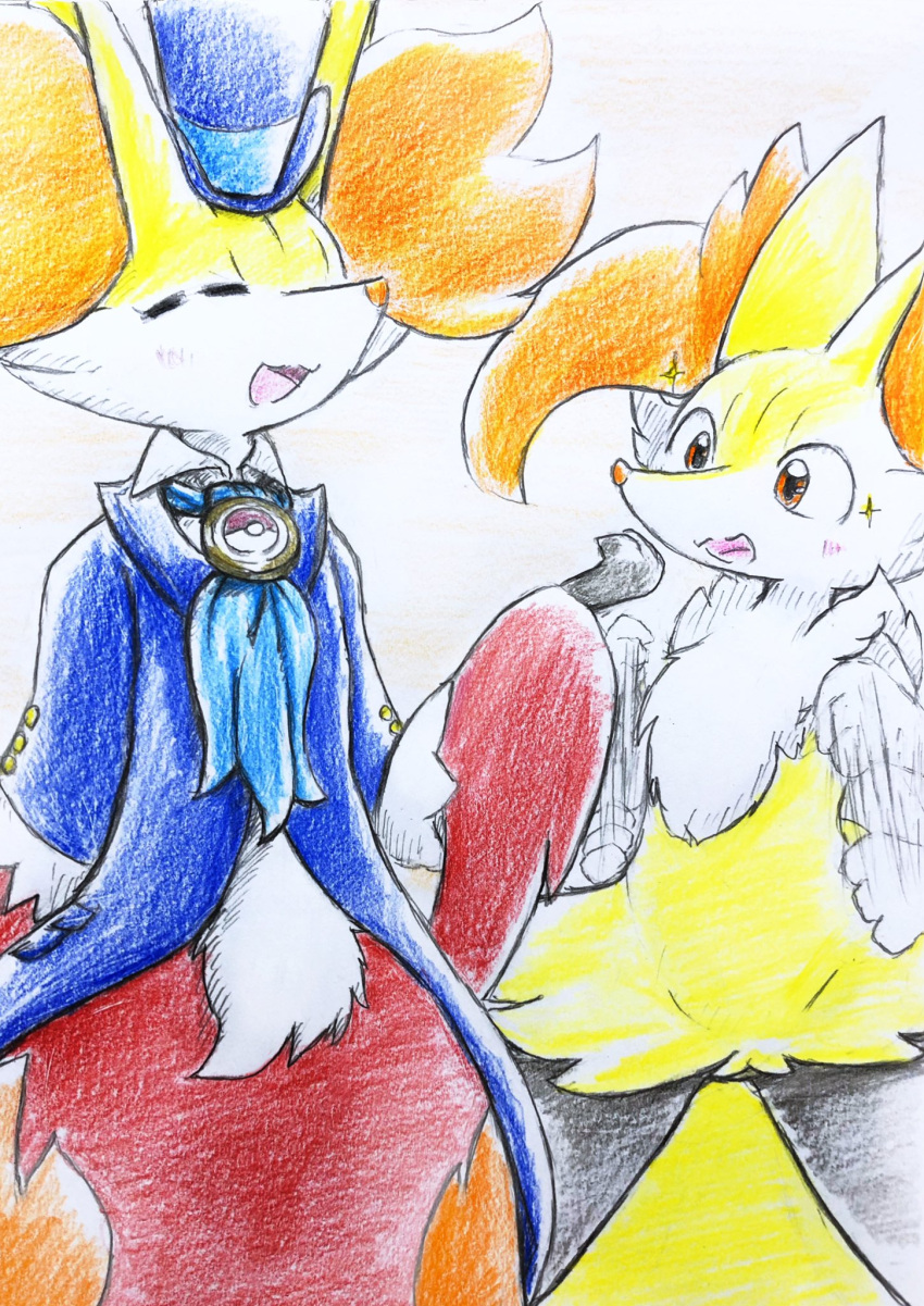 ambiguous_gender anthro blush braixen canid canine clothing delphox duo eiroru eyes_closed fox fur generation_6_pokemon hi_res inner_ear_fluff mammal nintendo open_mouth pokemon pokemon_(species) smile tuft video_games yellow_body yellow_fur