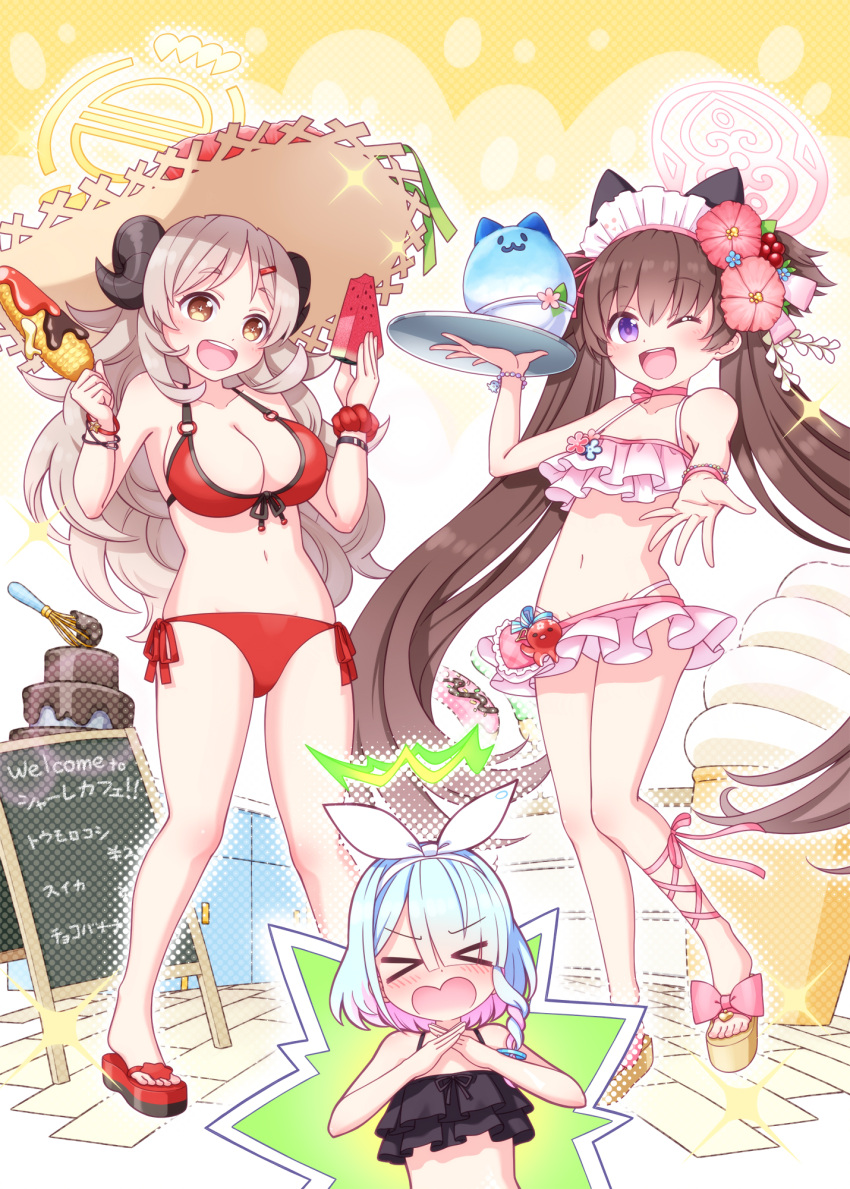 &gt;_&lt; 3girls arona_(blue_archive) bangle bikini black_bikini blue_archive bracelet breasts brown_eyes brown_hair chocolate_fountain collarbone commentary_request corn d: dx eyes_visible_through_hair flower food frilled_bikini frills fruit hair_ornament hair_ribbon hairclip halo harada_(sansei_rain) hat hat_flower highres holding holding_plate horns izumi_(blue_archive) izumi_(swimsuit)_(blue_archive) jewelry large_breasts light_brown_hair looking_at_viewer maid_headdress multiple_girls one_eye_closed open_mouth pink_bikini plate purple_eyes red_bikini ribbon scrunchie shaved_ice shizuko_(blue_archive) shizuko_(swimsuit)_(blue_archive) sign smile straw_hat sun_hat swimsuit tile_floor tiles twintails watermelon watermelon_slice wavy_hair wavy_mouth wrist_scrunchie yellow_eyes