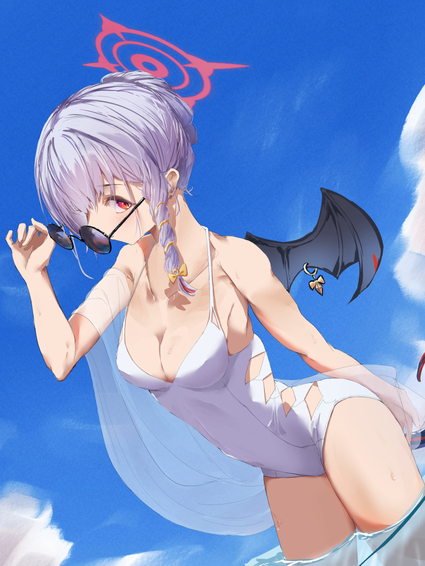 1girl absurdres adjusting_eyewear bangs bare_shoulders blue_archive braid breasts cleavage collarbone grey_hair halo hand_up haruna_(blue_archive) highres looking_at_viewer medium_hair moruhinesan outdoors photoshop_(medium) red_eyes round_eyewear shawl single_braid single_wing solo sunglasses swimsuit wading water wet white_one-piece_swimsuit wing_piercing wings