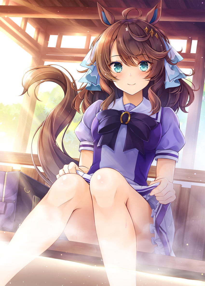 1girl ahoge akashio_(loli_ace) animal_ears aqua_eyes bag bangs bare_legs black_bow black_bowtie bow bowtie breasts brown_hair commentary_request daring_tact_(umamusume) day hair_ornament highres horse_ears horse_girl horse_tail light_blush long_sleeves looking_at_viewer medium_breasts onsen puffy_short_sleeves puffy_sleeves school_bag school_uniform short_sleeves sitting smile soaking_feet solo steam sunlight tail tracen_school_uniform umamusume water