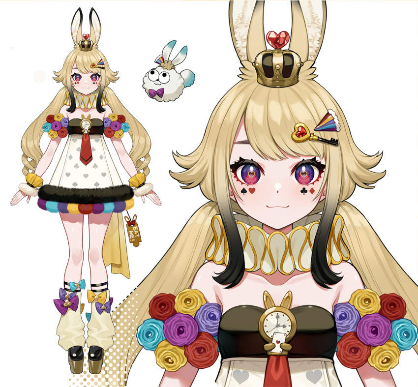 1girl animal_ears anon_non black_hair blonde_hair character_name commentary_request crown dress gradient_hair heart heart-shaped_pupils highres key_hair_ornament loose_socks mini_crown multicolored_hair official_art papi_(anon_non) party_popper_hair_ornament platform_footwear playing_card_theme prism_project purple_eyes rabbit_ears rabbit_girl rabbit_tail reference_sheet short_dress socks strapless strapless_dress symbol-shaped_pupils tail two-tone_hair virtual_youtuber wrist_cuffs yuu_(higashi_no_penguin)