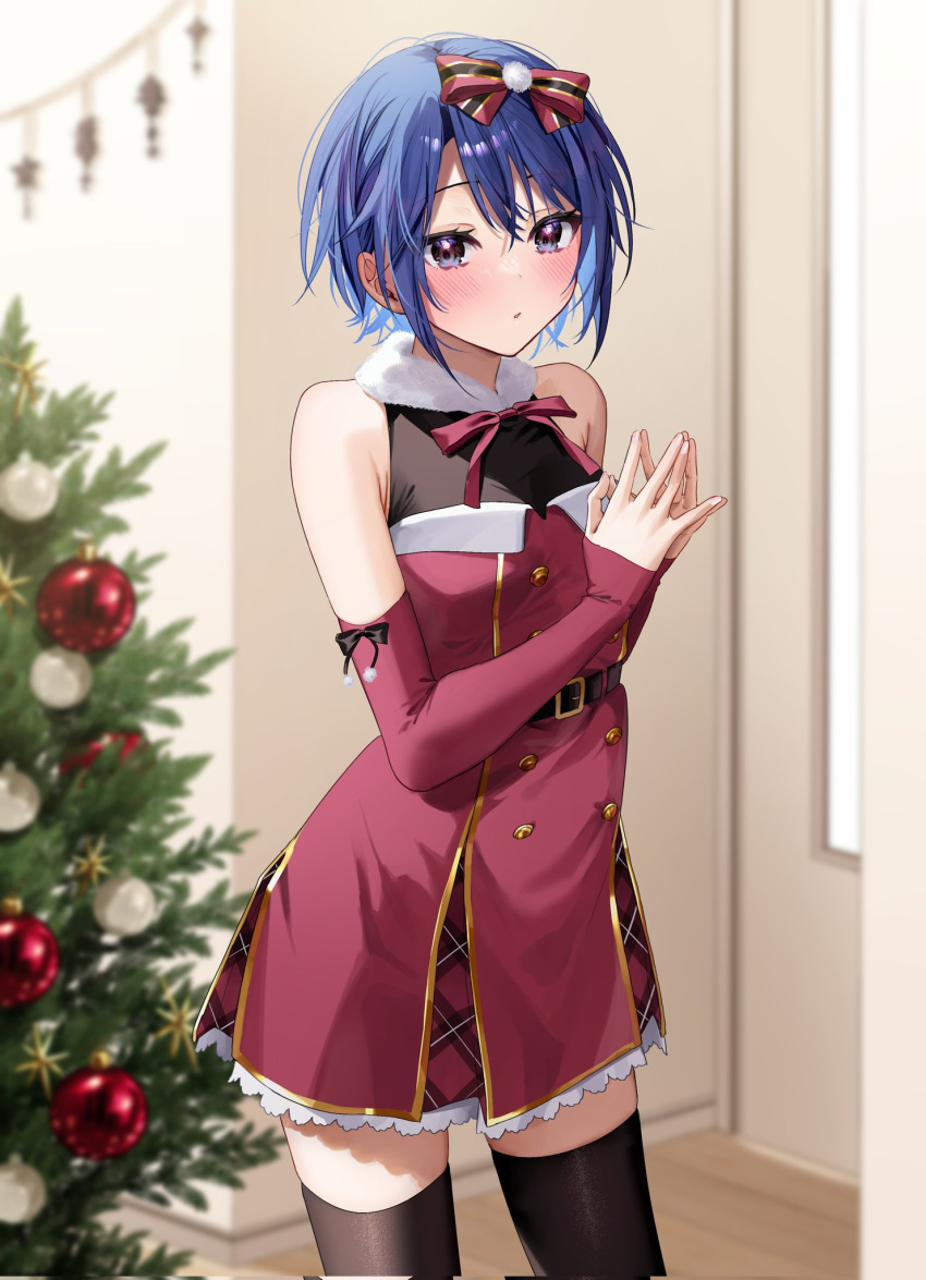 1girl akira_(jitsuimo) bangs bare_shoulders black_ribbon black_thighhighs blue_hair blush bow breasts chigusa_minori christmas detached_sleeves dress fur_collar hair_bow hair_ribbon hands_up highres indoors jitsu_wa_imouto_deshita. long_sleeves looking_at_viewer parted_lips red_bow red_dress red_ribbon ribbon short_hair sidelocks sleeveless sleeveless_dress sleeves_past_wrists small_breasts solo standing steepled_fingers thighhighs zettai_ryouiki