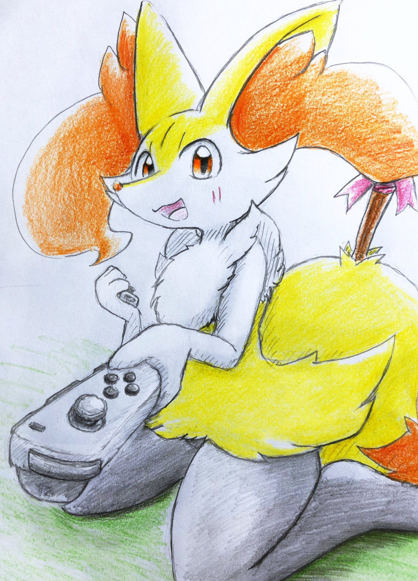 ambiguous_gender anthro blush braixen canid canine controller eiroru fox fur game_controller generation_6_pokemon hi_res inner_ear_fluff joy-con looking_at_viewer mammal nintendo nintendo_controller nintendo_switch orange_eyes pokemon pokemon_(species) simple_background solo tuft video_games white_body white_fur yellow_body yellow_fur