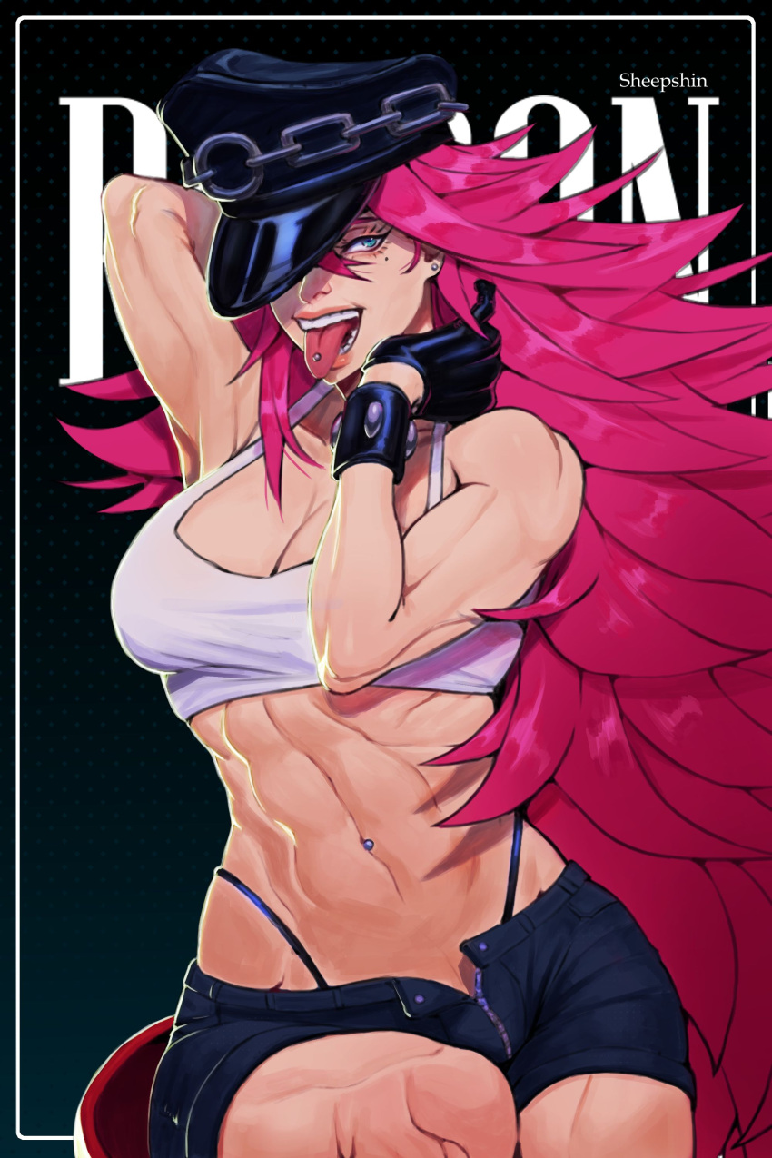 1girl abs absurdres arm_behind_head armpits artist_name big_hair black_gloves black_headwear black_shorts blue_eyes breasts character_name cleavage crop_top english_commentary eyeliner final_fight gloves hat hat_over_one_eye highleg highleg_panties highres linea_alba lips long_hair makeup medium_breasts mole mole_under_eye muscular muscular_female naughty_face navel navel_piercing open_fly panties panty_straps peaked_cap piercing pink_hair poison_(final_fight) sheep_shin shorts solo street_fighter street_fighter_iv_(series) studded_bracelet tank_top teeth tongue tongue_out tongue_piercing underwear very_long_hair white_tank_top