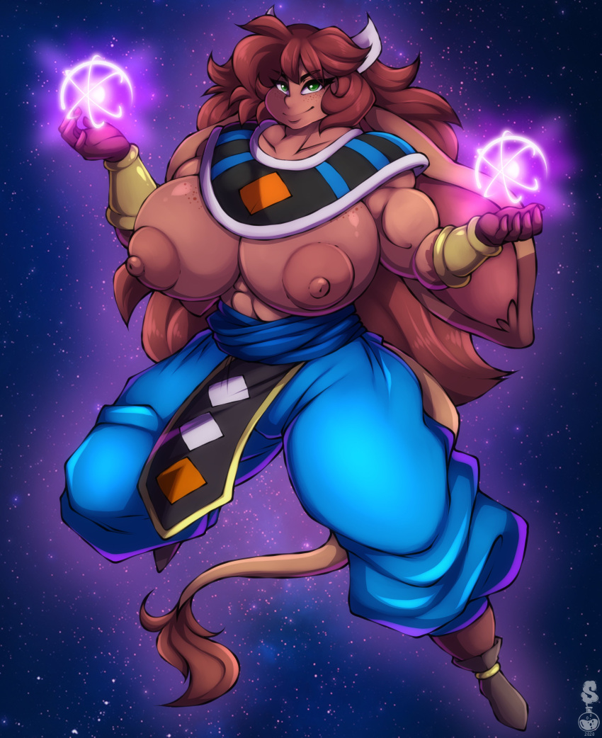 2020 4k abs abstract_background absurd_res anthro areola athletic athletic_anthro athletic_female beerus biceps big_areola big_breasts big_ears bovid bovine breasts brown_areola brown_body brown_fur brown_hair brown_nipples cattle clothed clothing cosmic_background cosplay curvaceous curvy_figure dated digital_drawing_(artwork) digital_media_(artwork) dragon_ball dragon_ball_super eyelashes female floppy_ears freckles freckles_on_breasts fur green_eyes hair hi_res horn huge_areola huge_breasts las_lindas long_ears long_hair long_tail looking_at_viewer mammal mora_linda muscular muscular_anthro muscular_female nipples smile solo space space_background superix thick_thighs topless topless_anthro topless_female voluptuous watermark webcomic wide_hips