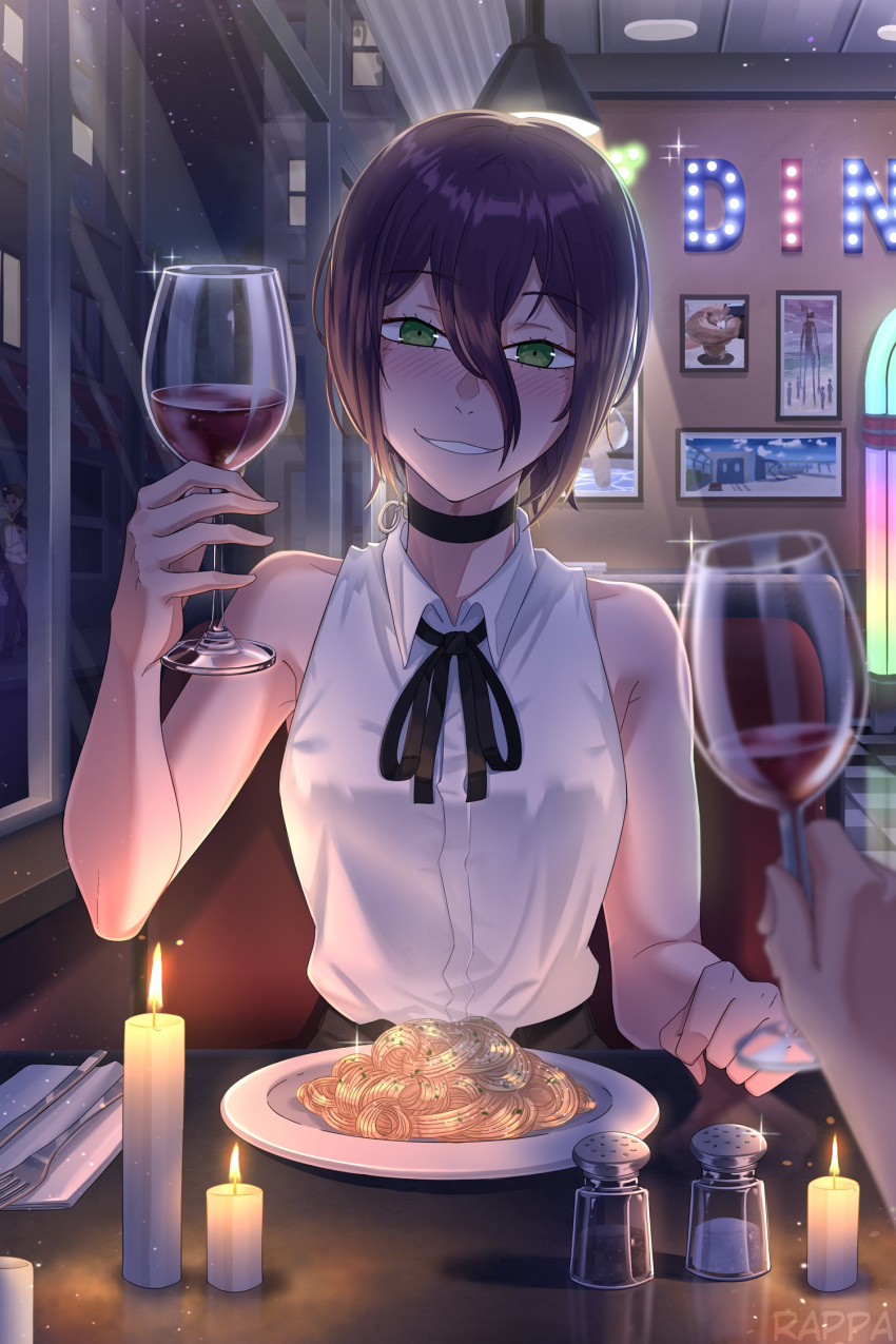 1boy 1girl alcohol black_bow black_bowtie black_choker blush booth_seating bow bowtie breasts candle chainsaw_man choker commentary cup diner dinner drinking_glass english_commentary food green_eyes hair_between_eyes highres holding holding_cup looking_at_viewer medium_breasts medium_hair natsuki_subaru night nose_blush pasta pepper_shaker pov pov_hands purple_hair rappa re:zero_kara_hajimeru_isekai_seikatsu reze_(chainsaw_man) salt_shaker shirt sitting sleeveless sleeveless_shirt smile solo_focus spaghetti table window wine wine_glass