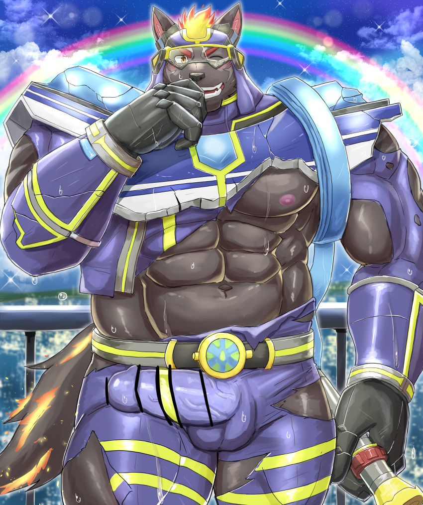 abs absurd_res anthro armor balls bulge clothed clothing erection erection_under_clothing fire flaming_hair flaming_mane furlong_(live-a-hero) genital_outline genitals hi_res hyaenid lifewonders live-a-hero male mammal miazuma_shouki muscular muscular_anthro muscular_male nipples one_eye_closed pecs penis_outline pseudo_hair pseudo_mane rainbow solo spandex superhero tight_clothing torn_clothing video_games wink