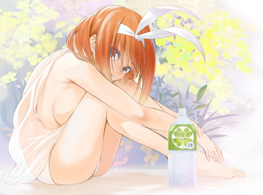 1girl bangs bare_arms bare_legs barefoot blue_eyes bottle bow breasts brown_hair from_side full_body go-toubun_no_hanayome hair_between_eyes hair_bow hairband highres hirokiku large_breasts leaning_forward long_hair looking_at_viewer nakano_yotsuba panties parted_lips shirt sideboob sleeveless sleeveless_shirt solo underwear water_bottle white_bow white_hairband white_panties white_shirt