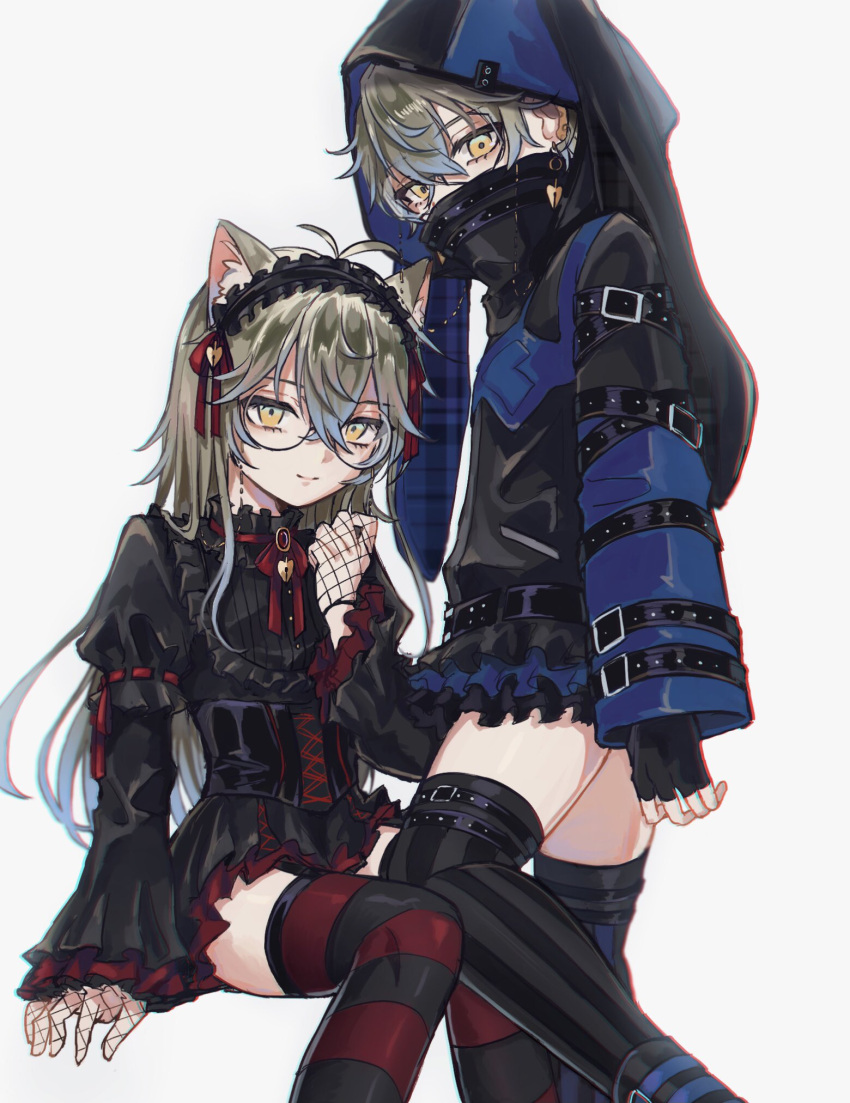 2boys ahoge alternate_hair_length alternate_hairstyle animal_ears animal_hood belt black_belt black_dress black_gloves black_thighhighs blue_dress blue_hair brown_hair cat_ears chromatic_aberration closed_mouth cosplay covered_mouth crossdressing dress dual_persona earrings effole_(fairy_fencer_f) effole_(fairy_fencer_f)_(cosplay) eyewear_strap fairy_fencer_f fingerless_gloves fishnet_gloves fishnets frills glasses gloves green_eyes hairband high_collar highres hood hood_up ike_eveland jewelry kemonomimi_mode lolita_hairband long_hair long_sleeves looking_at_viewer male_focus microskirt multicolored_clothes multicolored_dress multicolored_eyes multicolored_hair multiple_boys ngron027 nijisanji nijisanji_en otoko_no_ko pleated_skirt rabbit_hood red_dress red_thighhighs round_eyewear short_hair simple_background skirt striped striped_thighhighs thighhighs vertical-striped_thighhighs vertical_stripes virtual_youtuber white_background yellow_eyes zettai_ryouiki