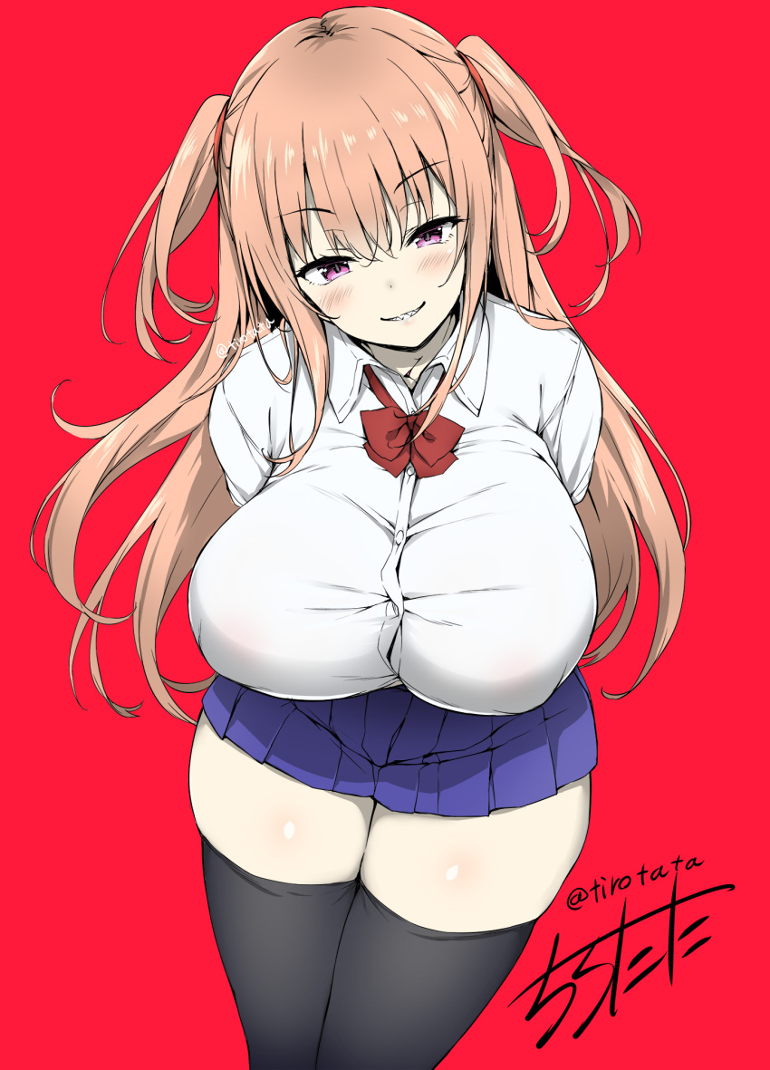 1girl artist_name blush bow bowtie breasts brown_hair covered_nipples dress_shirt grin highres huge_breasts long_hair original pink_eyes pleated_skirt school_uniform sharp_teeth shirt short_sleeves signature skindentation skirt smile teeth thick_thighs thighhighs thighs tirotata twitter_username two_side_up