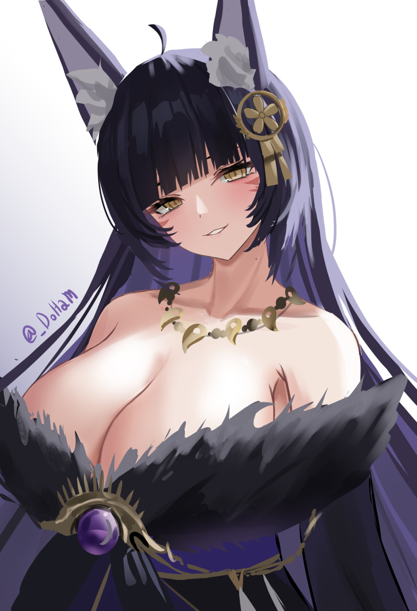 1girl ahoge animal_ear_fluff animal_ears azur_lane bangs bare_shoulders black_hair black_kimono blunt_bangs blush breasts brown_eyes cleavage collarbone doham facial_mark fox_ears fox_girl fur_trim gradient gradient_background hair_ornament highres japanese_clothes jewelry kimono large_breasts long_hair looking_at_viewer magatama magatama_necklace mixed-language_commentary musashi_(azur_lane) necklace off_shoulder parted_lips sidelocks simple_background smile solo sweat twitter_username upper_body very_long_hair white_background