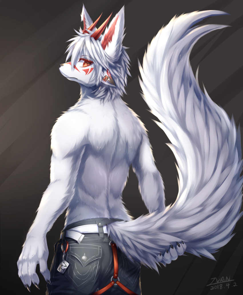 2018 5_fingers anthro big_tail bottomwear canid canine canis clothing fingers fur fur_markings hi_res holding_tail ivan-jhang ivan_(ivan-jhang) looking_back male mammal markings pants solo touching_tail white_body white_fur wolf