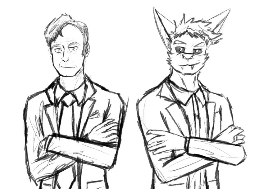 anthro better_call_saul black_sclera botter botter_dork breaking_bad chiropteran clothed clothing digital_media_(artwork) duo fangs hi_res human hybrid looking_at_viewer male male/male mammal mustelid necktie rio_(botter_dork) saul_goodman simple_background sketch_page smile smirk suit topwear